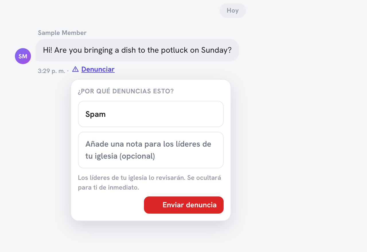 una conversación de mensajes en el Portal del Miembro con el formulario "Denunciar" abierto, mostrando la lista de motivos "¿Por qué denuncias esto?", el cuadro de nota opcional y el botón Enviar denuncia