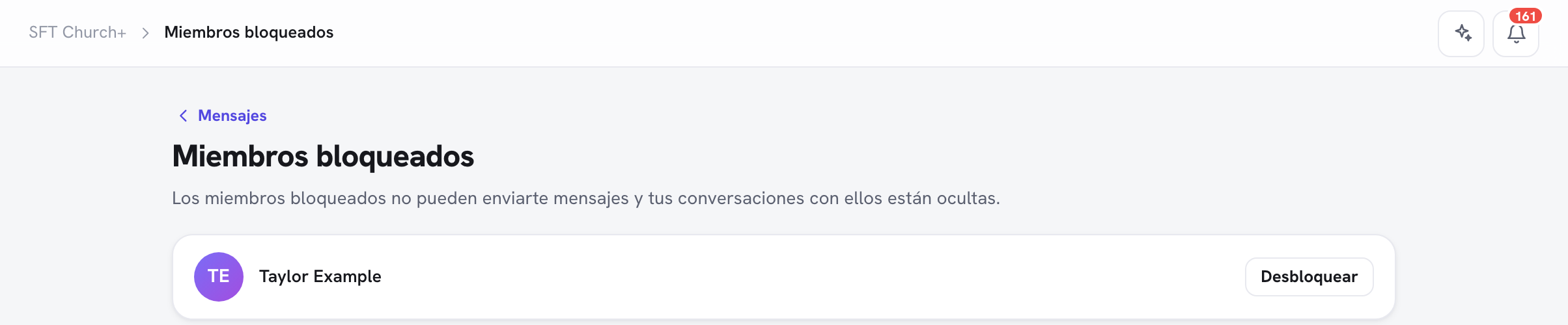 la página "Miembros bloqueados" del Portal del Miembro con una persona bloqueada en la lista y el botón Desbloquear