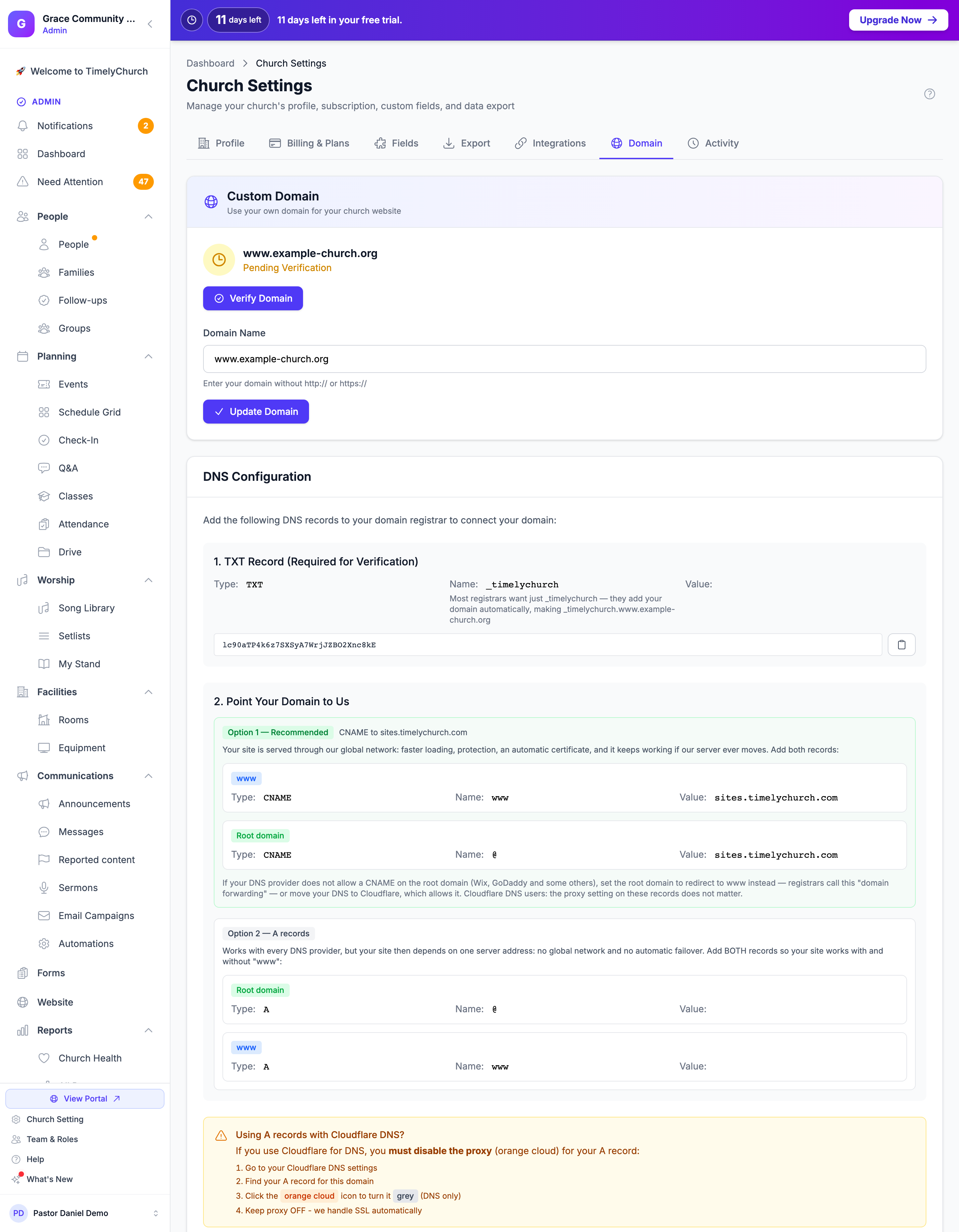 La pestaña Dominio con un dominio en Verificación pendiente, el botón Verificar dominio y la sección Configuración de DNS que muestra el registro TXT, los registros CNAME de la Opción 1 — Recomendada y los registros A de la Opción 2