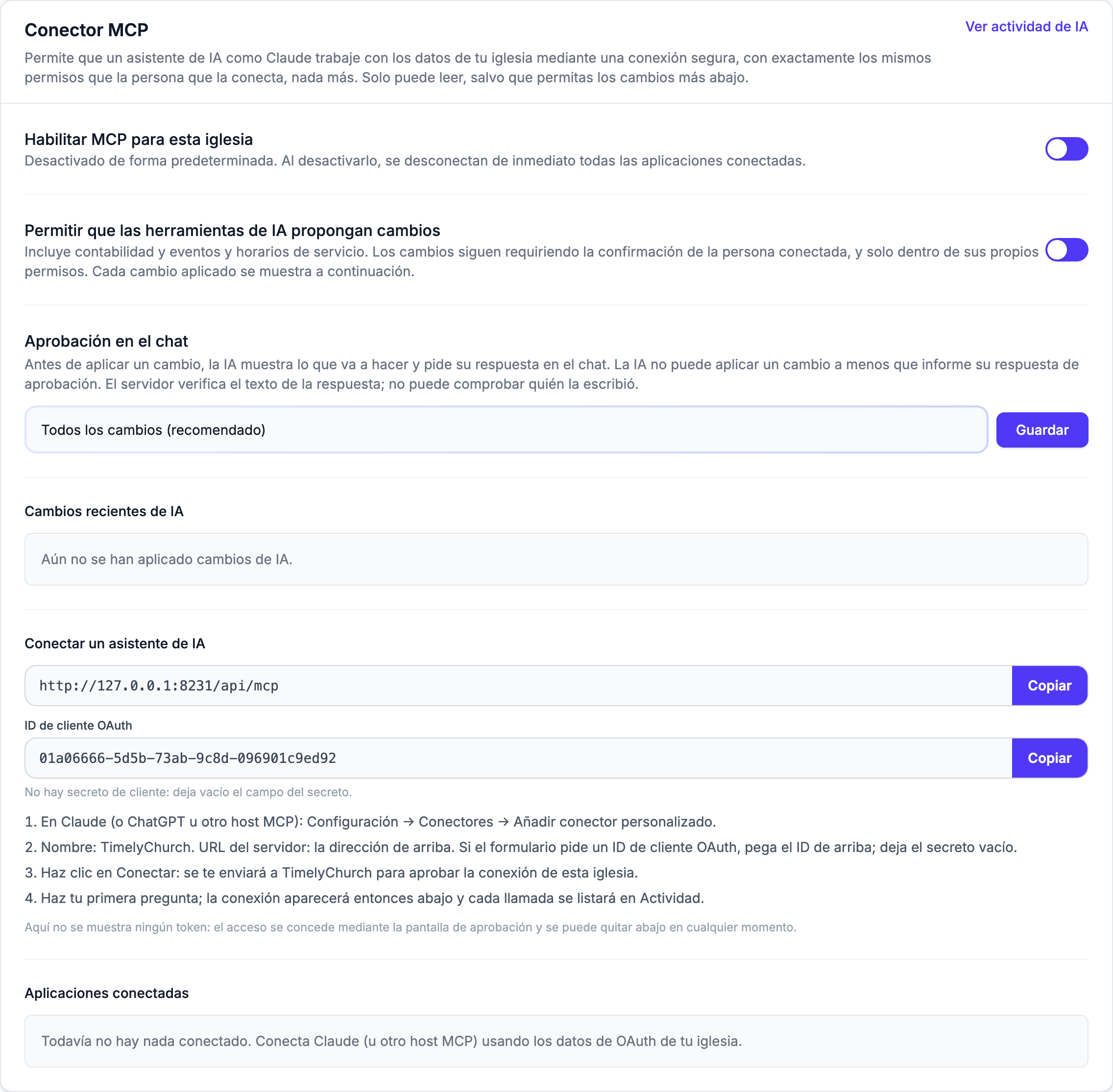 La tarjeta Conector MCP de la pestaña Integraciones, activada, mostrando "Habilitar MCP para esta iglesia", "Permitir que las herramientas de IA propongan cambios", el menú desplegable "Aprobación en el chat" y el enlace "Ver actividad de IA"