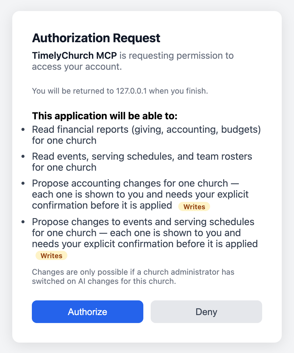 La pantalla de aprobación "Solicitud de autorización" de TimelyChurch con la lista bajo "Esta aplicación podrá:", el selector de iglesia y los botones Autorizar / Denegar