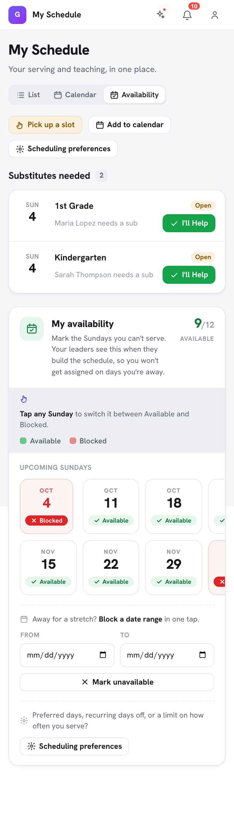 La vista Disponibilidad de Mi horario, que muestra los próximos domingos como fichas Disponible o Bloqueado y la opción Bloquear un rango de fechas con las fechas Desde y Para