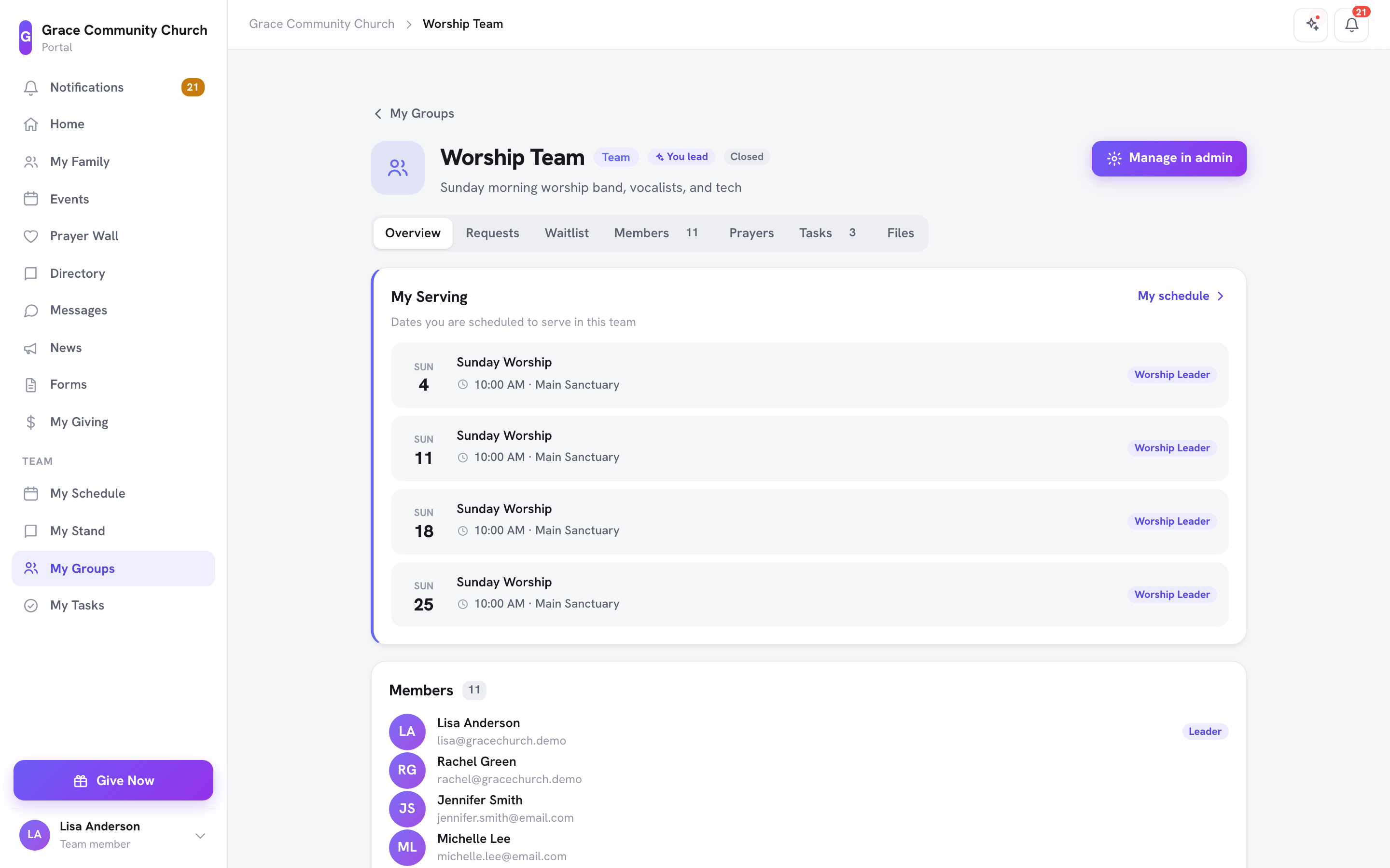 La página de un grupo en el portal vista por su líder, con la insignia Tú lideras y las pestañas Resumen, Solicitudes, Lista de espera, Miembros, Oraciones, Tareas y Archivos