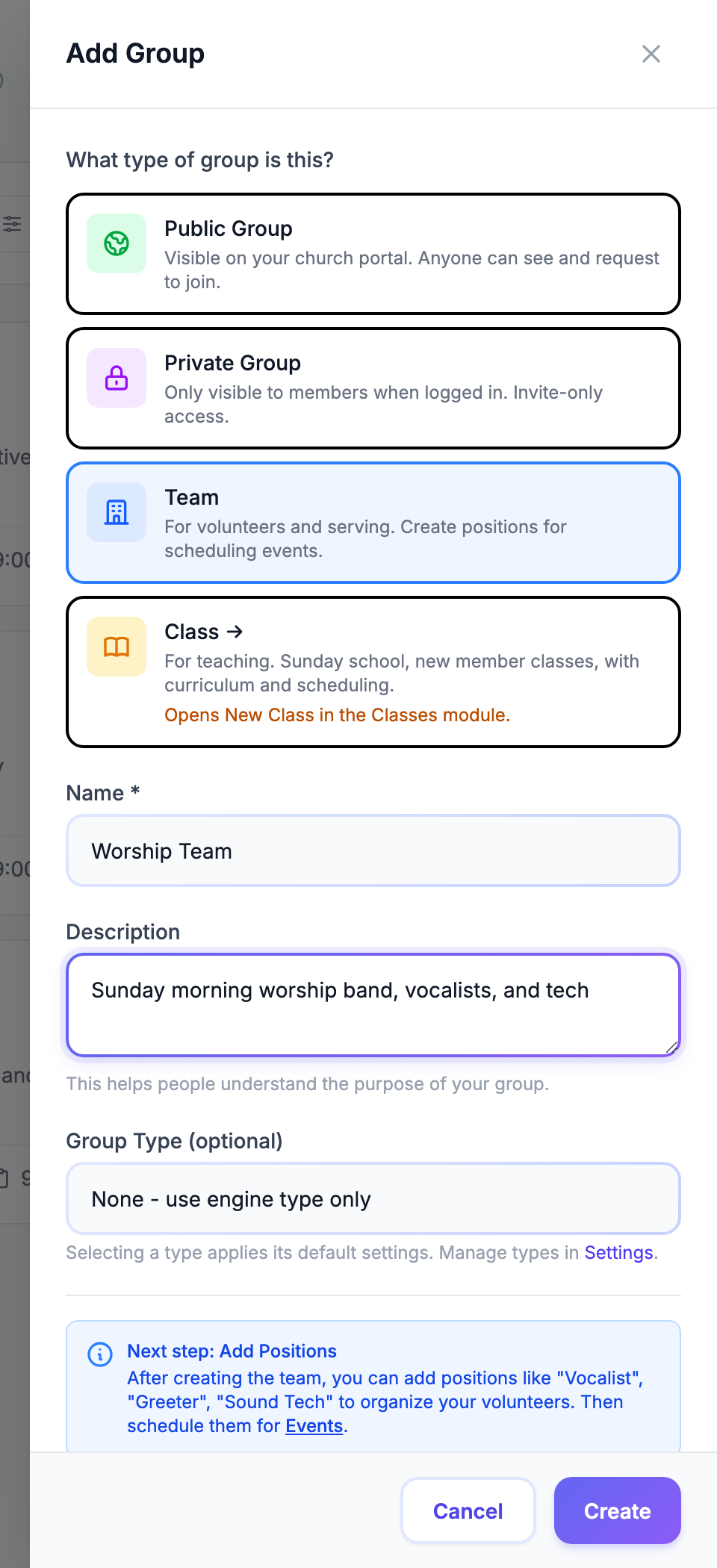 El panel Agregar grupo con el tipo Equipo seleccionado, el campo Nombre con Worship Team y el botón Crear