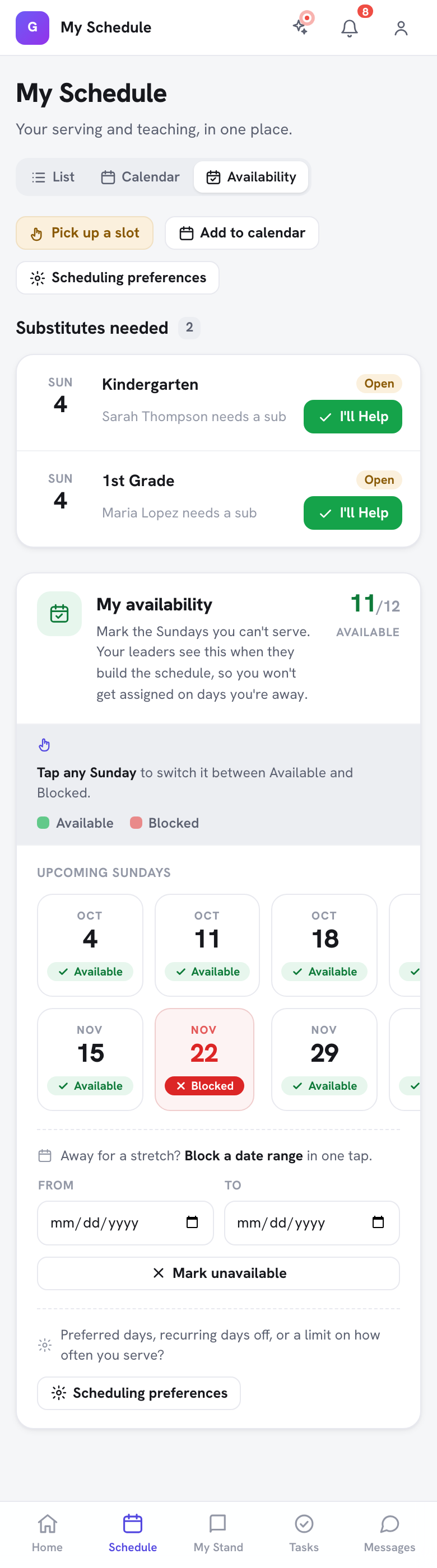 La pestaña Disponibilidad en Mi horario — próximos domingos marcados como Disponible o Bloqueado, la herramienta Bloquear un rango de fechas y el botón Preferencias de programación