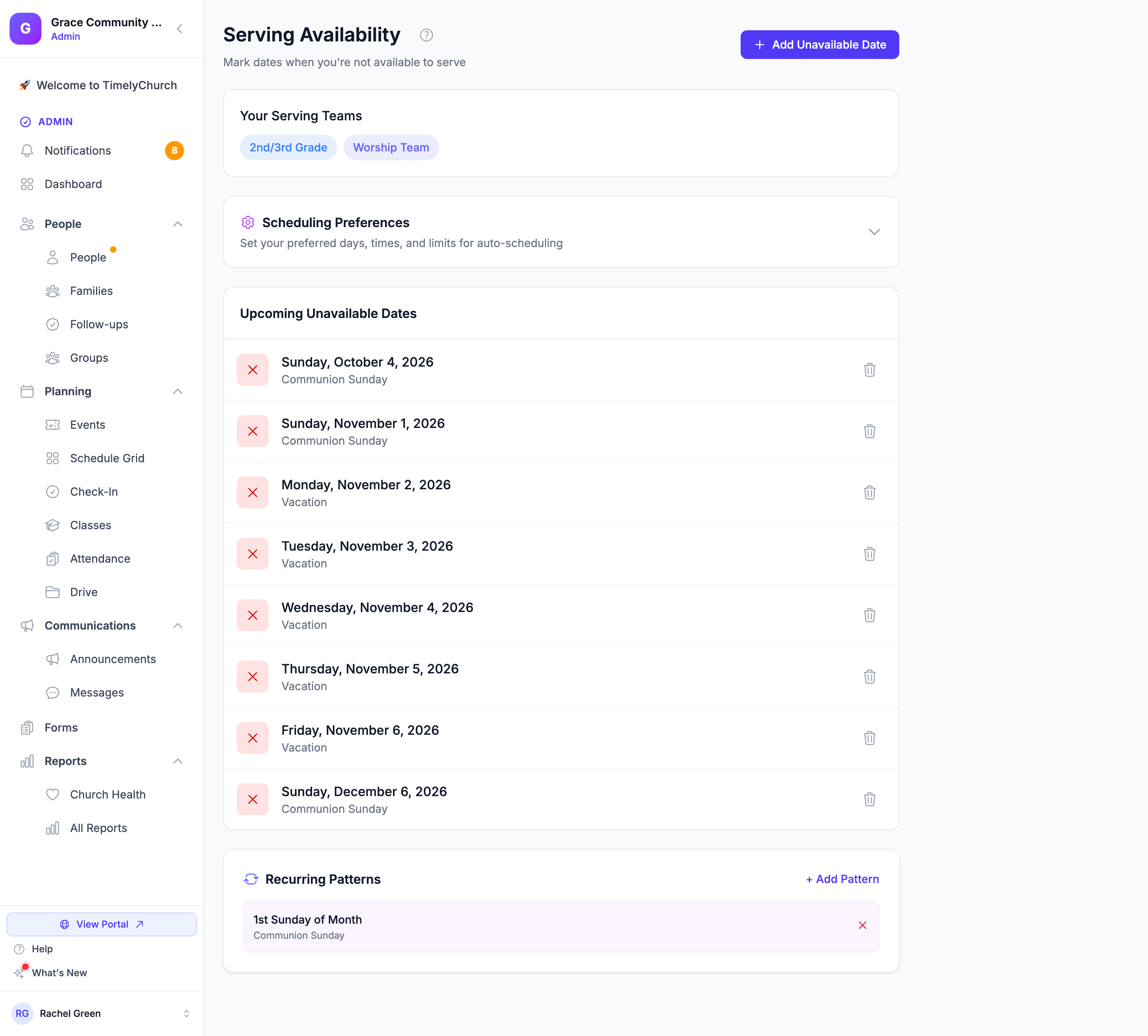 La página Disponibilidad de Servicio — Preferencias de programación, Próximas fechas no disponibles con unas vacaciones de dos semanas y Patrones recurrentes con un patrón