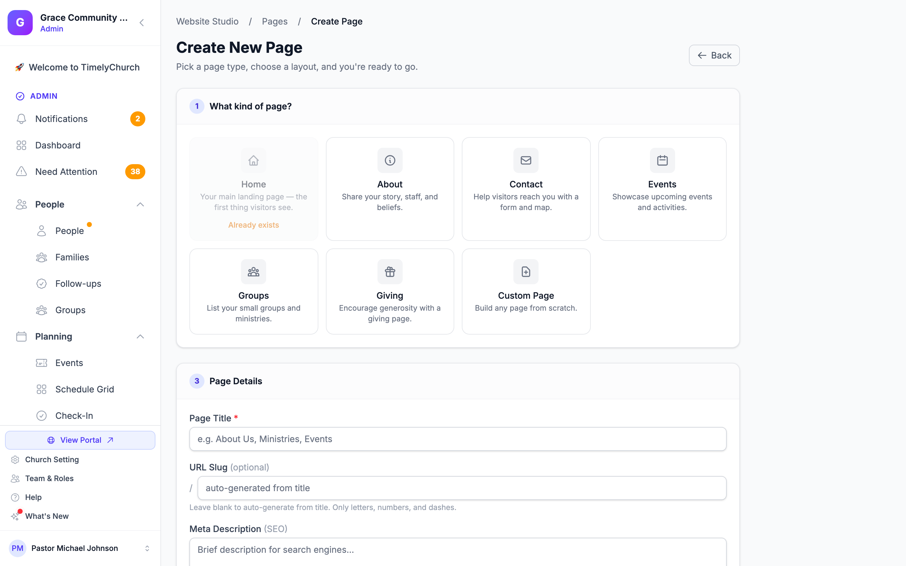 El asistente Crear página en el paso del tipo de página, con una tarjeta para cada uno de los siete tipos