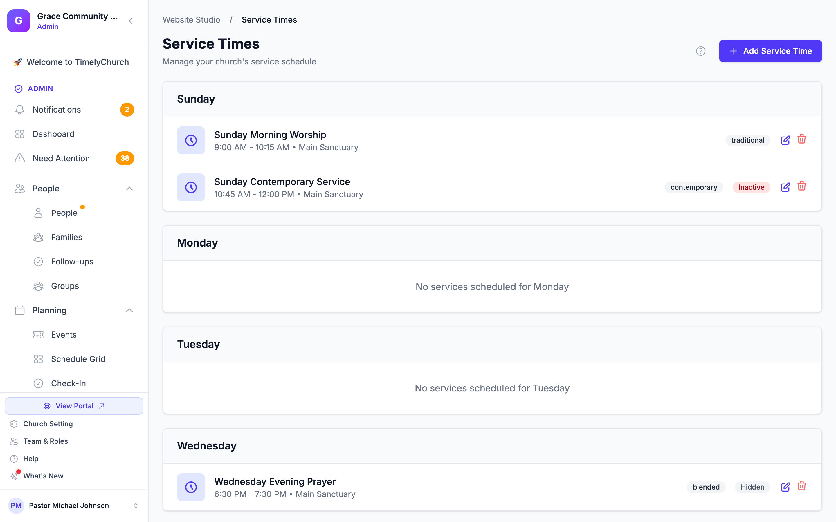 La página Horarios de servicio con los servicios agrupados por día, sus insignias Inactiva y Oculta, y el botón Agregar horario de servicio