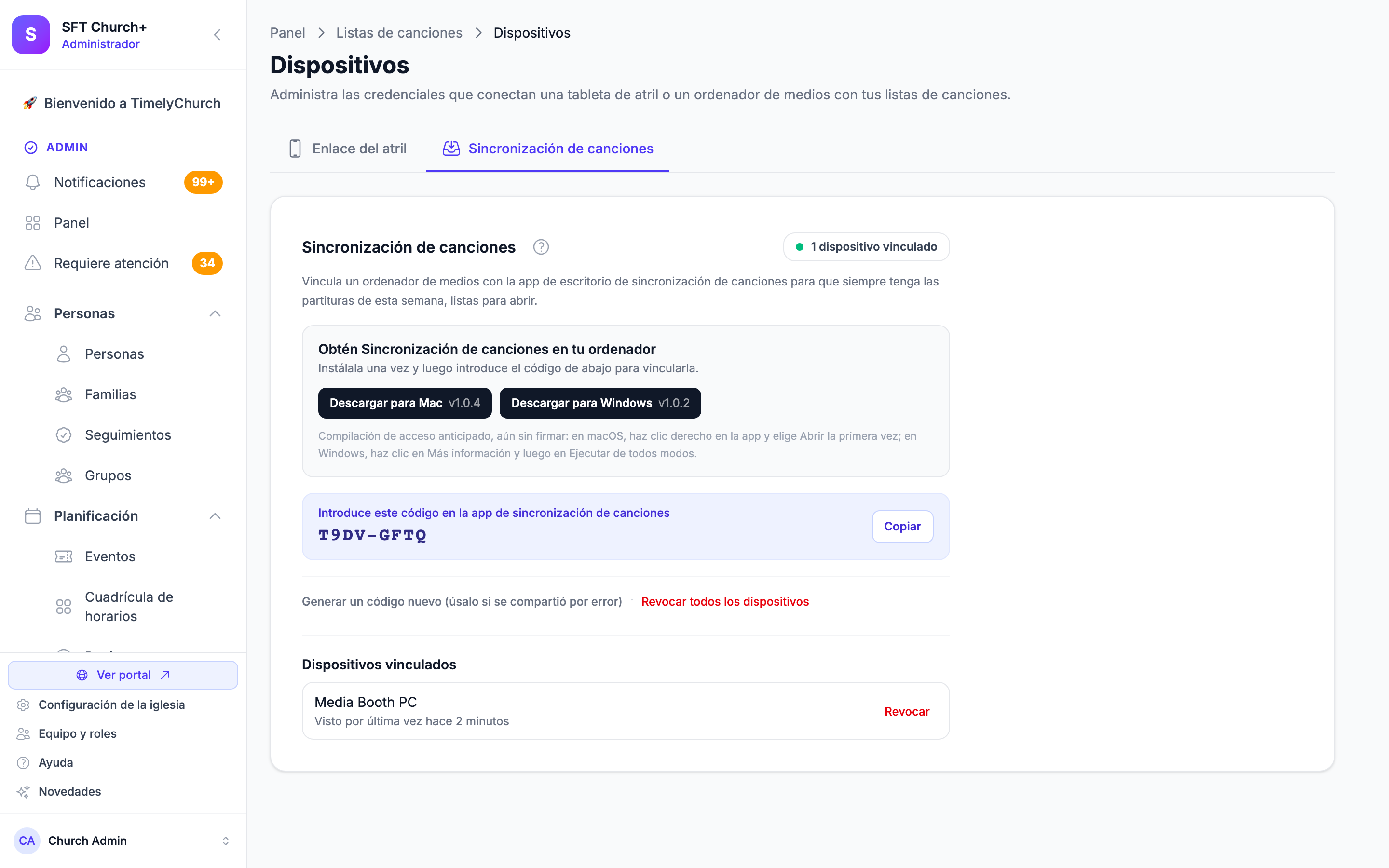 la página de Dispositivos en la pestaña Sincronización de canciones, con la tarjeta "Obtén Sincronización de canciones en tu ordenador" y los botones Descargar para Mac v1.0.4 y Descargar para Windows v1.0.2, el recuadro "Introduce este código en la app de sincronización de canciones" con un código y el botón Copiar, y la lista de Dispositivos vinculados con un ordenador y su línea "Visto por última vez"