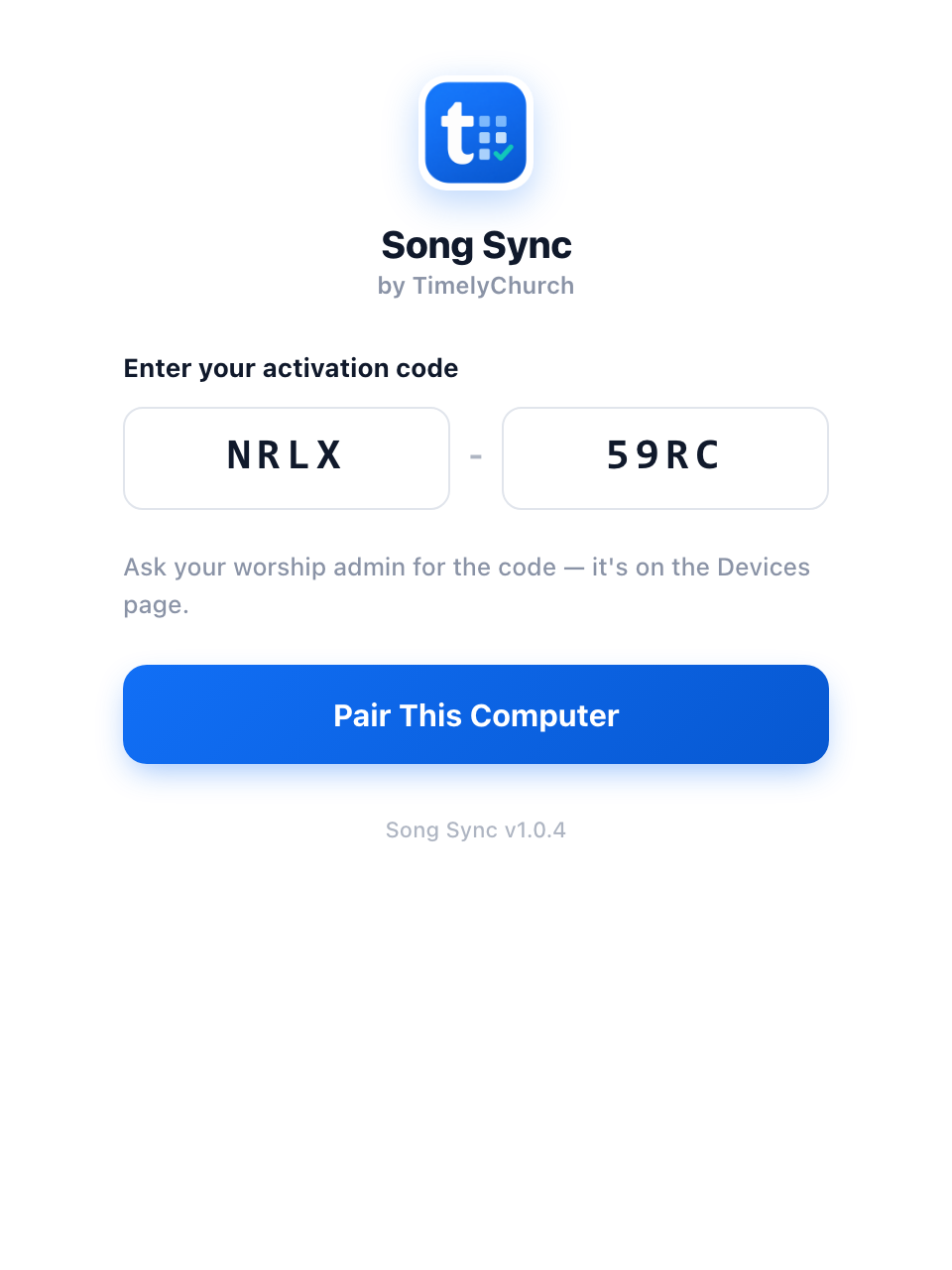 la ventana de vinculación de Sincronización de canciones con "Enter your activation code", las dos casillas de cuatro caracteres llenas y el botón Pair This Computer